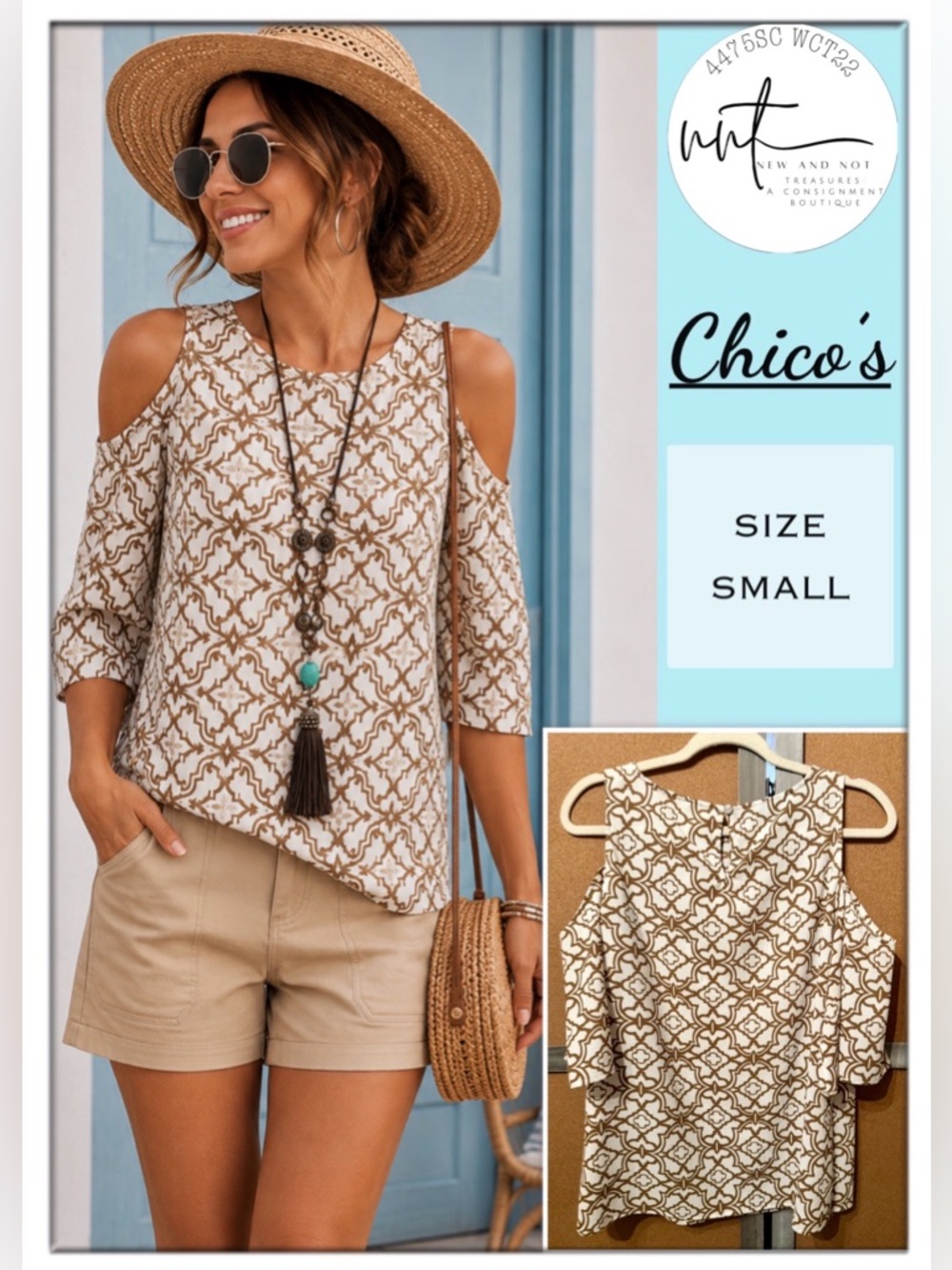 Chico's Tan/White Status Stamp Geometric Print Cold Shoulder Top Size 0(4/6) SM